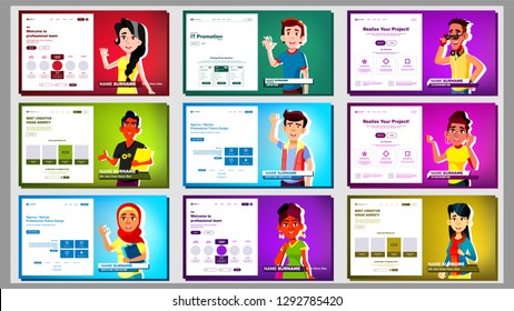 Self Presentation Banner Set. Multiracial Person. Female, Male. Introduce Yourself, Your Project, Business Illustration