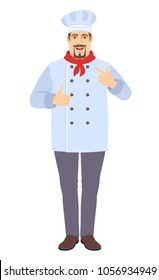 Self Promotion. Chef Showing Thumb Up And Pointing The Finger At Yourself.  Full Length Portrait Of Chef In A Flat Style. Raster Illustration.