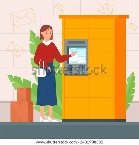Self service in post office illustration. Cartoon woman using packstation in automat locker with display to receive or send parcels in paper boxes, delivery and storage of packages in postomat