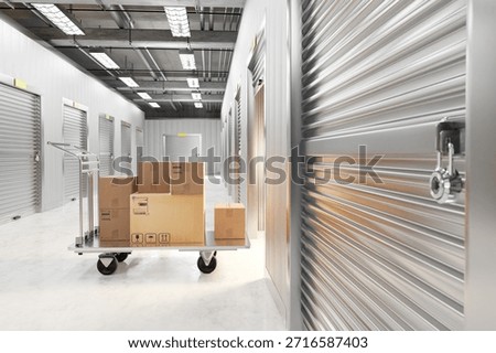 Self storage operations prepare packed boxes on a transport cart inside secure storage units. Personal storage services, moving logistics, inventory keeping and rental storage management. 3d image