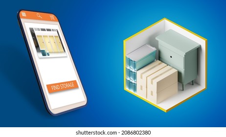 Self Storage Rent App. An Application For Searching For Storage. The Smartphone Is Next To The Layout Of The Self-storage Unit. Finding Space For Safekeeping. Warehouse On Blue Background. 3d Image