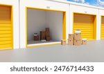 Self storage space. Boxes near entrance to town. Self storage room with open gate. Separate warehouses for individuals. Self storage space inside garages. Warehouse area. 3d image.