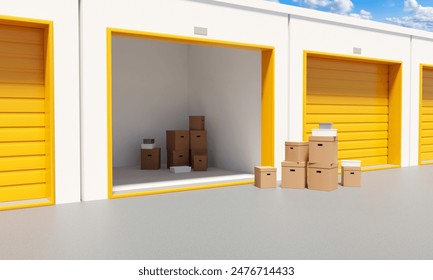 Self storage space. Boxes near entrance to town. Self storage room with open gate. Separate warehouses for individuals. Self storage space inside garages. Warehouse area. 3d image.