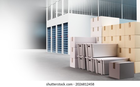 Self Storage Space. Storage Space Rent. Several Self Storage Units In Stock. Boxes Near Entrance To Unit. Rent Of Space For Safekeeping. Warehouse Company Indoor. 3d Illustration.