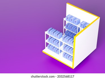 Self Storage Unit. Storage Unit With Blue Boxes. Storage Unit With Boxes On Racks. Demonstration Of Capacity Of Container. Warehouse Space Rental. Warehouse For Archival Safekeeping. 3d Rendering.