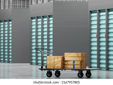 Self Storage Unit. Interior Self Storage With Cart. Warehouse Trolley With Cardboard Boxes. Many Closed Doors In Storage Unit. Warehouse Company Corridors Without Anyone. 3d Rendering.