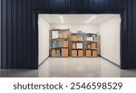 Self storage unit. Room with boxes on shelf. Small industrial warehouse. Storage unit for personal items. Parcel storage garage. Place for safekeeping at enterprise. Warehouse interior. 3d image