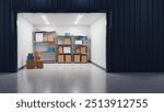 Self storage unit. Warehouse with open gates. Storage unit outside view. Storeroom with boxes on shelves. Separate storage unit without anyone. Warehouse garage for safekeeping. 3d image