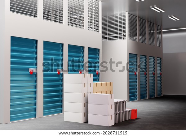 Self storage units. Boxes and containers in\
front of storage units. Concept - renting space in warehouse. Unit\
rental for personal belongings. Storage company visualization. 3d\
illustration.