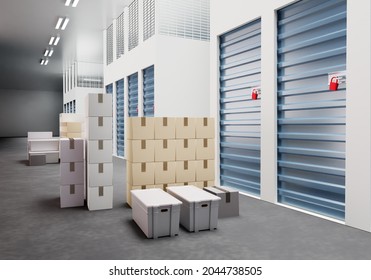 Self Storage Units. Storage Facilities Rent. Boxes And Containers Near Storage Units. Warehouse Indoor. 3d Image