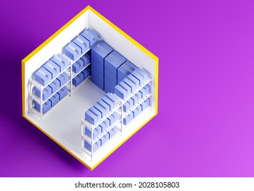 Self Storage Units. Storage Facility Rent. Open Storage Units Cutaway. Demonstration Of Filling Warehouse Cell. Lots Of Boxes In Warehouse Container. Safekeeping Boxes On Racks. 3d Image