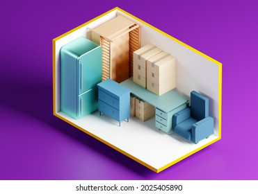 Self Storage Units For Rent. Demonstration Of Storage Unit Capacity. Self Storage Units With Home Furnishings. Warehouse Container For Personal Belongings. Container On Purple Background. 3d Image.