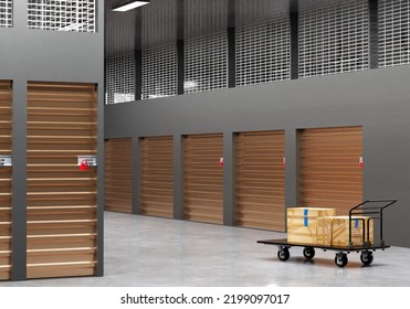 Self Storage. Warehouse With Cardboard Boxes On Trolley. Storage Units Interior. Warehouse Architecture From Inside. Self Storage Company With Gray Walls. Units For Renting Warehouse. 3d Rendering.