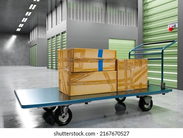 Self Storage. Warehouse With Trolley With Boxes. Storage Units Indoors. Warehouse Interior With Gray Walls. Visualization Self Storage Company. Units For Renting Warehouse. 3d Rendering