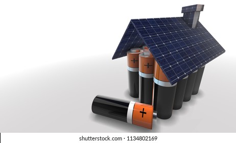 Self Sufficient Off The Grid Home Powered By Photovoltaic Solar Panel With Battery Storage For Green Clean Renewable Energy 3D Render Graphic