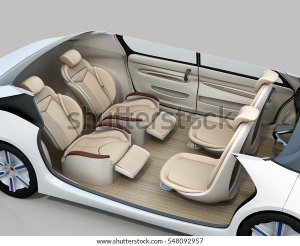 Self-driving car cutaway image. Front seats turn
to backward, and the rear seats have gorgeous reclining massage
function. 3D rendering
image.