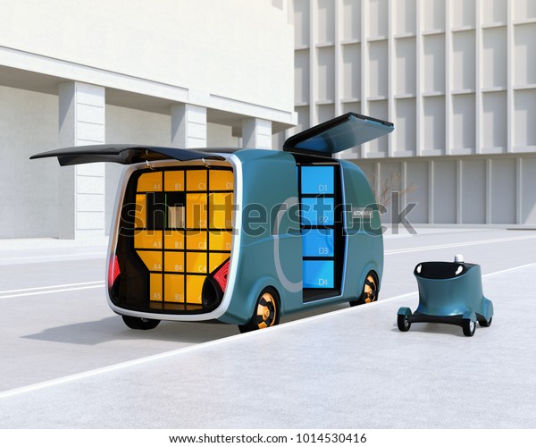 Self-driving delivery van and drone in\
the street. Last one mile concept. 3D rendering\
image.