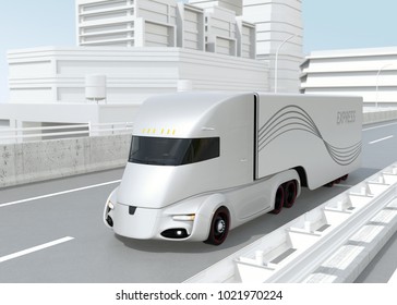 Self-driving Electric Semi Truck Driving On Highway. 3D Rendering Image.