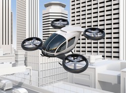 Self-driving Passenger Drone Flying Over A Highway Bridge Which In Heavy Traffic Jam. 3D Rendering Image