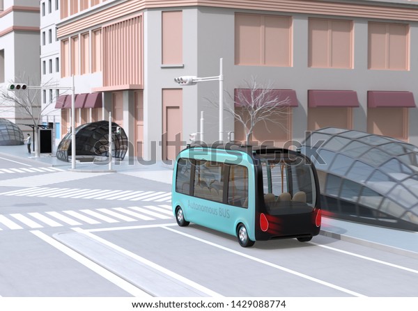 Self-driving shuttle\
bus driving through a intersection. A man waiting the bus in bus\
stop. 3D rendering image.\
