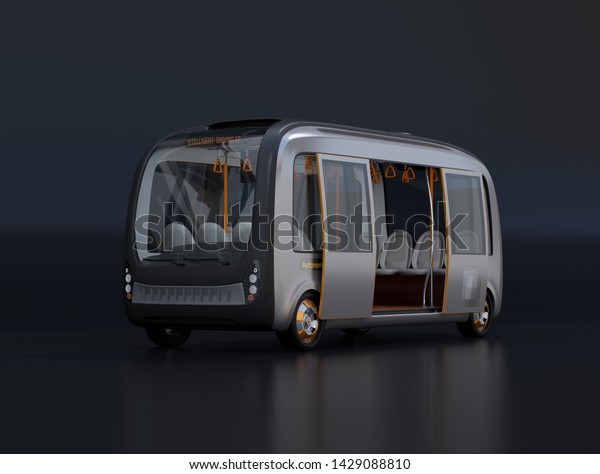 Self-driving shuttle bus on black background. 3D\
rendering image.\
