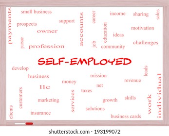 Self-Employed Word Cloud Concept on a Whiteboard with great terms such as business, money, owner and more.