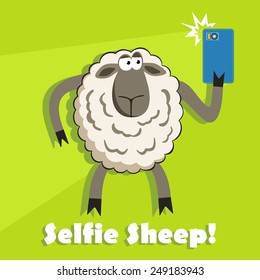 Selfie Goofy Sheep Holding Smartphone And Taking Self Portrait With Bright Flash. Template For Your Design.