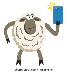 Selfie Goofy Sheep Holding Smartphone And Taking Self Portrait With Bright Flash. Selfie Concept Isolated On White.