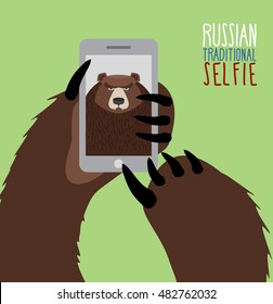 Selfie In Russia Bear. Animal Paw Holding Phone. Russian Traditional Ornament