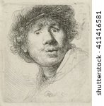 Self-Portrait with Beret, by Rembrandt van Rijn, 1630, Dutch print, etching on paper. Rembrandt was 24 when he created this etching