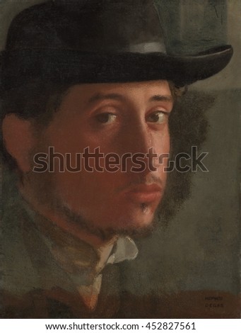 Self-portrait, by Edgar Degas, 1857-58, French impressionist painting, oil on paper. 23 year old Degas painted extreme close-up self-portrait, with saturated reds on the shadowed side of his face