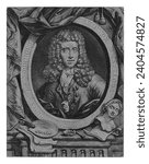 Self-portrait of Johannes Voorhout (I), Arnoud van Halen, after Johannes Voorhout (I), 1683 - 1732 The draftsman and painter Johannes Voorhout encased in a frame decorated with painter