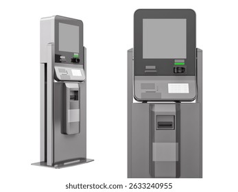 Self-service kiosk terminal with touchscreen interface, card reader. Interactive digital payment or ATM machine for banking, ticketing, information services. Fintech, retail automation, smart city, 3D