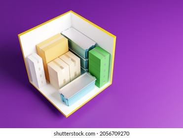 Self-storage unit with things. Storage box is 5 by 5 ft. Rented storage facilities with boxes and containers. 3d image