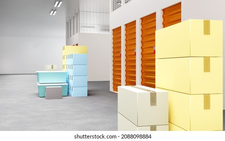 Self-storage Units Rental. Cardboard Boxes Close Up Front Of Storage Units. Warehouse Rental. Warehouse For Safekeeping. Rent Space For Personal Belongings. Storage Space With Orange Doors. 3d Image.