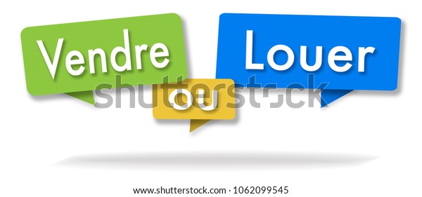 Sell or rent illustration in three colored\
bubbles in French blue green and\
yellow