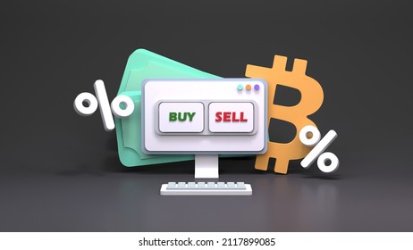 Selling or buying crypto. Buy and sell buttons on the background of the bitcoin sign and banknotes. 3d rendering
