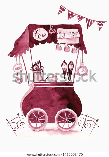 Selling\
food. Trolley on a white background.\
Watercolor.