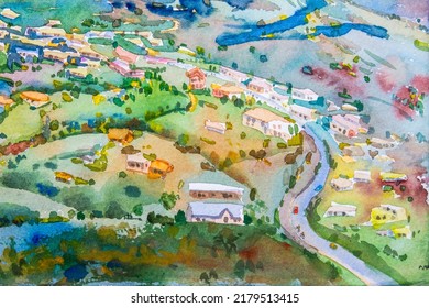 Semi Abstract Watercolor Landscape Original Painting On Paper Colorful Of Village In Mountain Meadow And Farm With Sky, Cloud Background. Hand Painted Beautiful Nature Autumn Season In Thailand.