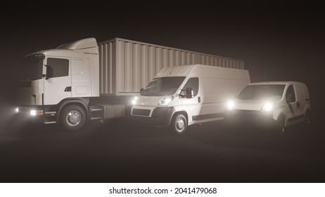 Semi Container Truck Lined Up With White Delivery Vans On Black Background 3D Rendering