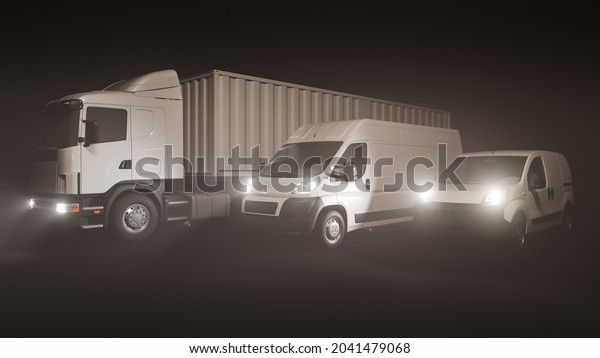 Semi Container Truck Lined Up\
with White Delivery Vans on Black Background 3D\
Rendering