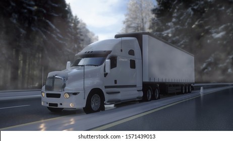 Semi Trailer. Truck On The Road With Snow In Winter. 3d Rendering.