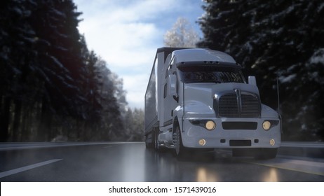 Semi Trailer. Truck On The Road With Snow In Winter. 3d Rendering.