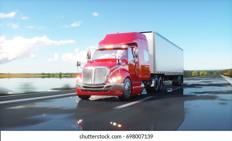 Semi Trailer, Truck On The Road, Highway. Transports, Logistics Concept. 3d Rendering.