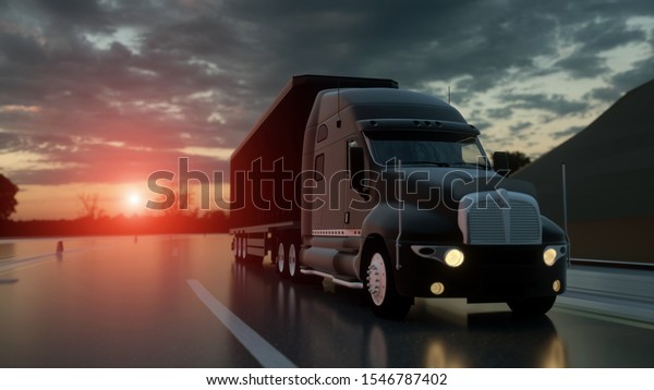 Semi trailer. Truck on the road, highway.\
Transports, logistics concept. 3d\
rendering.