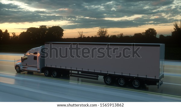 Semi trailer. Truck on the road, highway.\
Transports, logistics concept. 3d\
rendering.