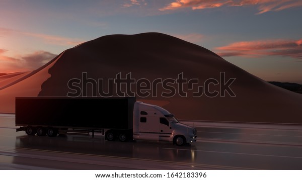 Semi trailer. Truck on the road, highway.\
Transports, logistics concept. 3d\
rendering
