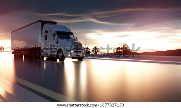 Semi trailer. Truck on the road, highway.
Transports, logistics concept. 3d
rendering