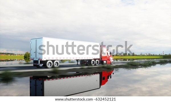 semi trailer, Truck on the road, highway.\
Transports, logistics concept. 3d\
rendering.