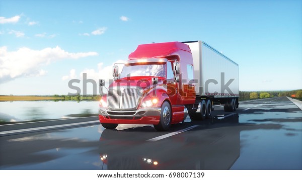 semi trailer, Truck on the road, highway.\
Transports, logistics concept. 3d\
rendering.